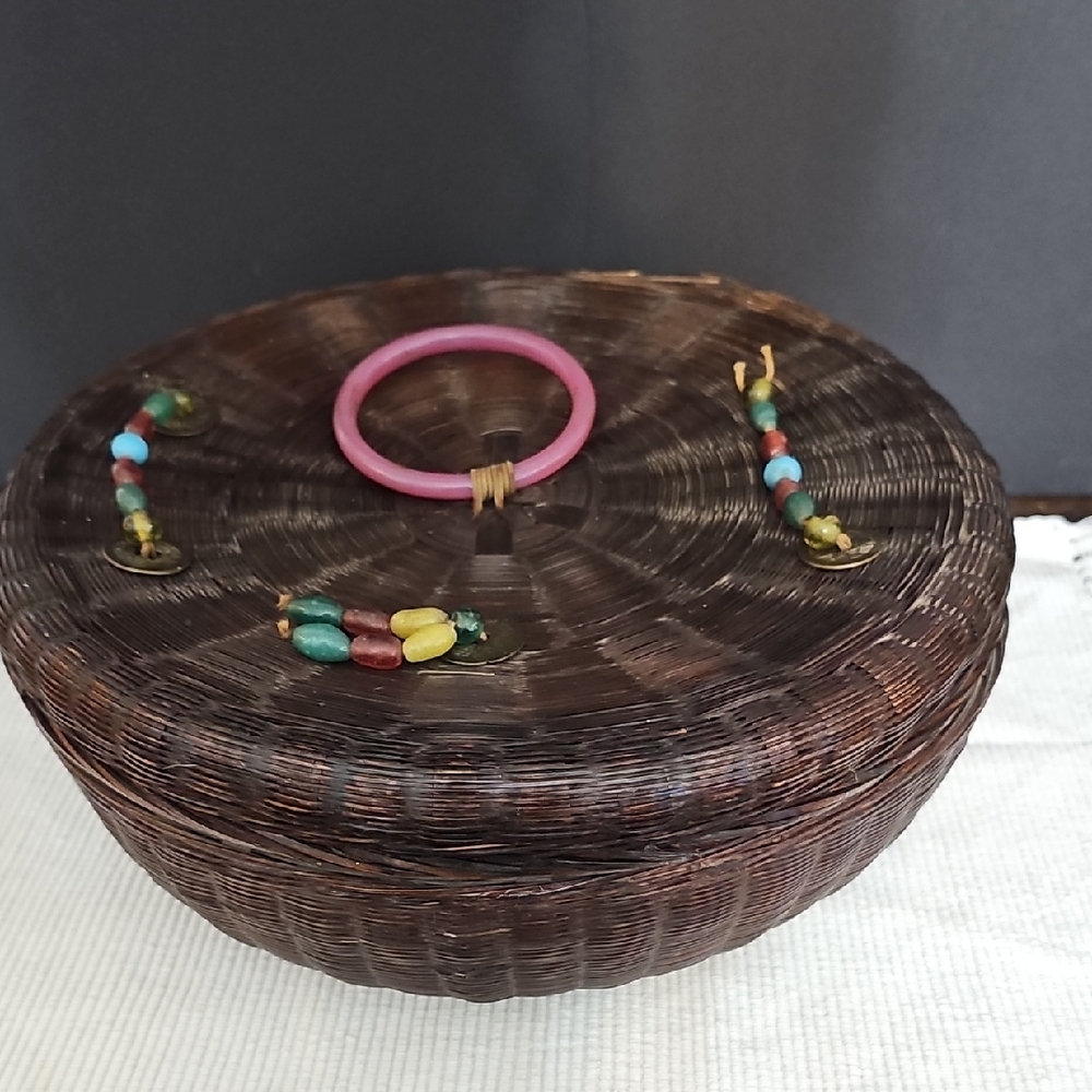 Antique Woven Basket with  Beads Coins Leather Braclett